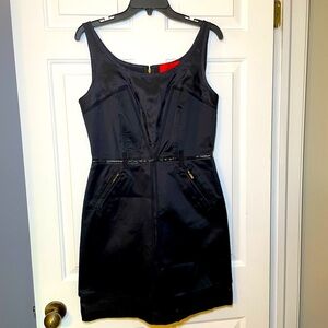 Zac Posen NY Woman’s Black Mini Dress Sz 10 Z Spoke Line Thin Straps Front Slit